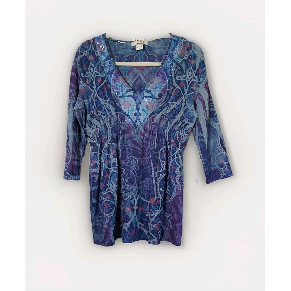 OneWorld Women's Tunic Top Purple V Neck 3/4 sleeves crystal look bead neck NEW